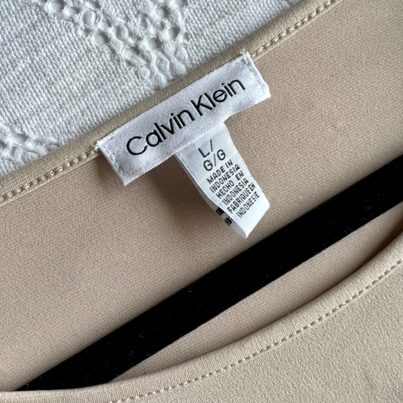 Calvin Klein Blouse, Sheer sleeves, stretchy jersey, tan, Large - Picture 2 of 5